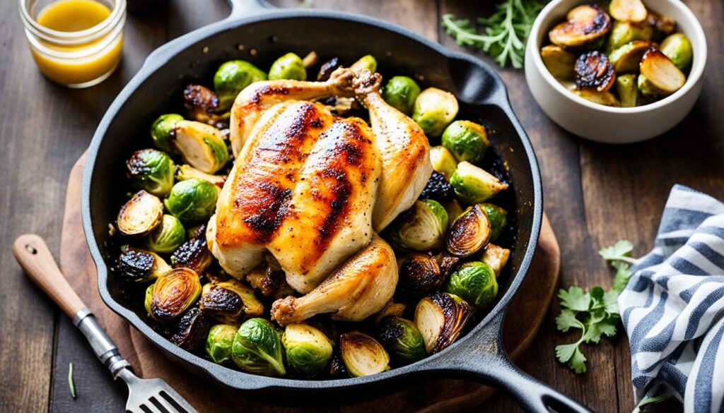 Honey mustard glazed chicken with roasted Brussels sprouts