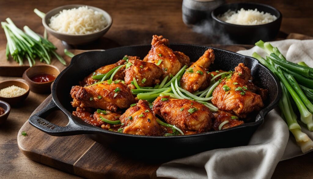 Korean fried chicken in cast iron skillet