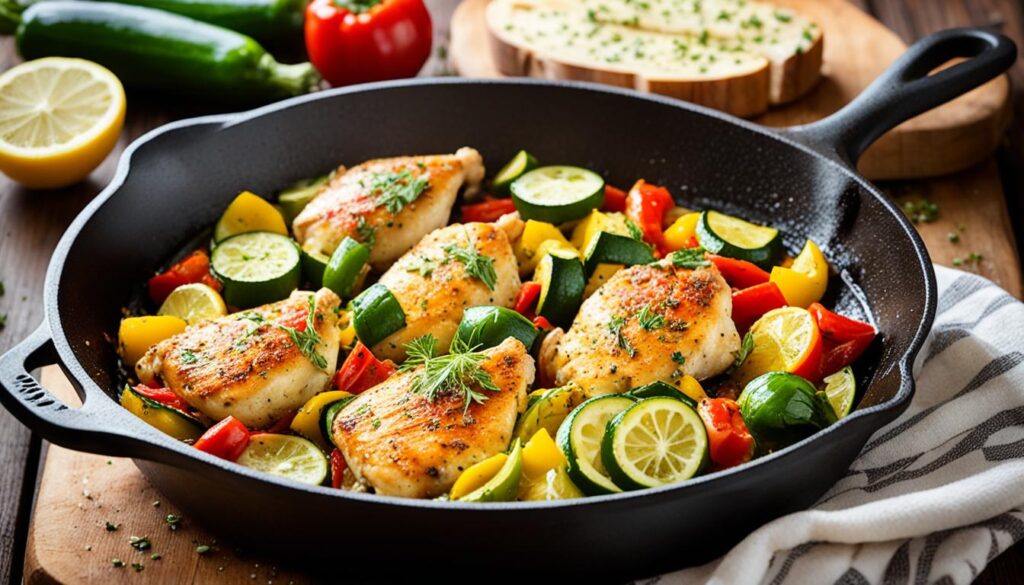 Lemon chicken with zucchini and peppers in cast iron skillet