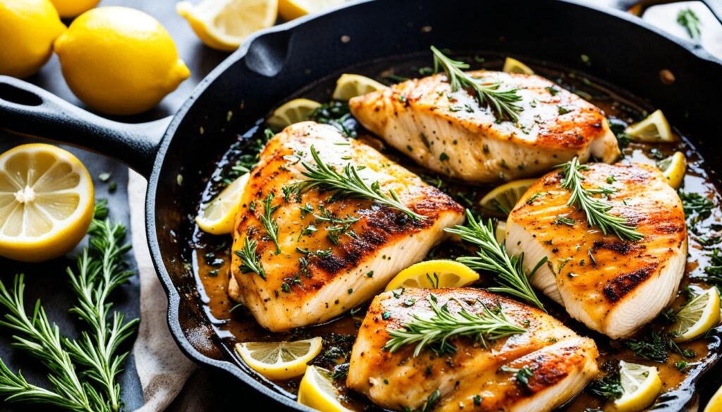 Lemon garlic chicken in cast iron skillet