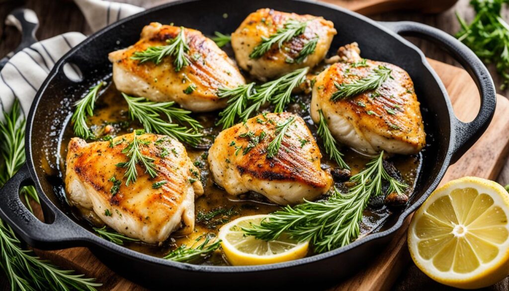 Lemon herb chicken in cast iron skillet