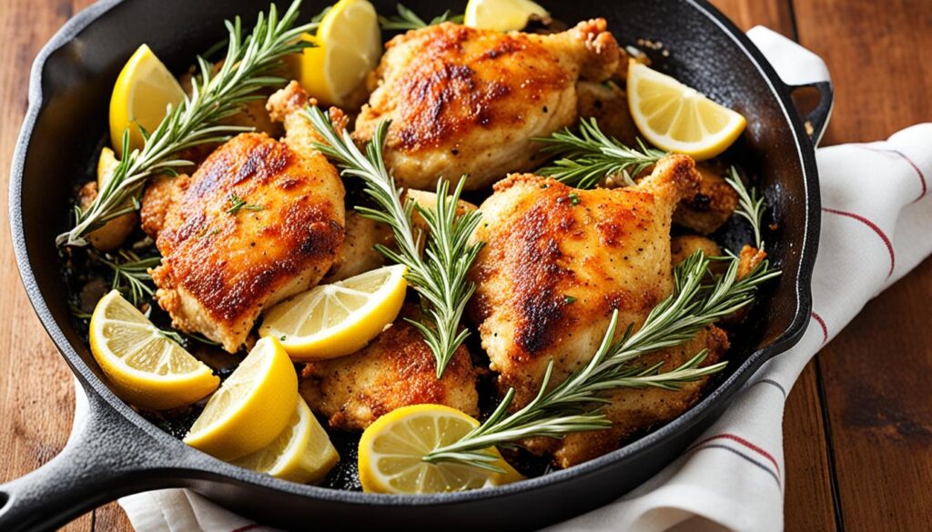 Lemon rosemary chicken in cast iron skillet