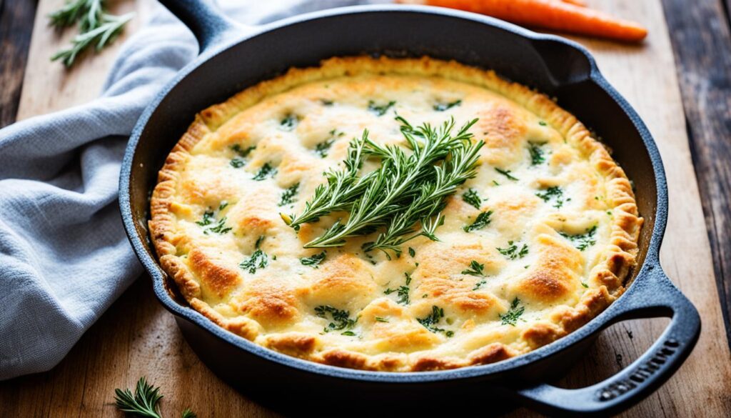 Low-carb chicken pot pie in cast iron skillet