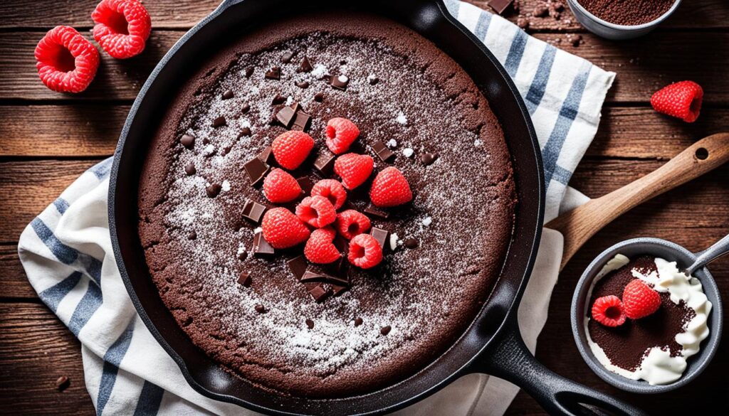 Low-carb chocolate lava cake in cast iron skillet