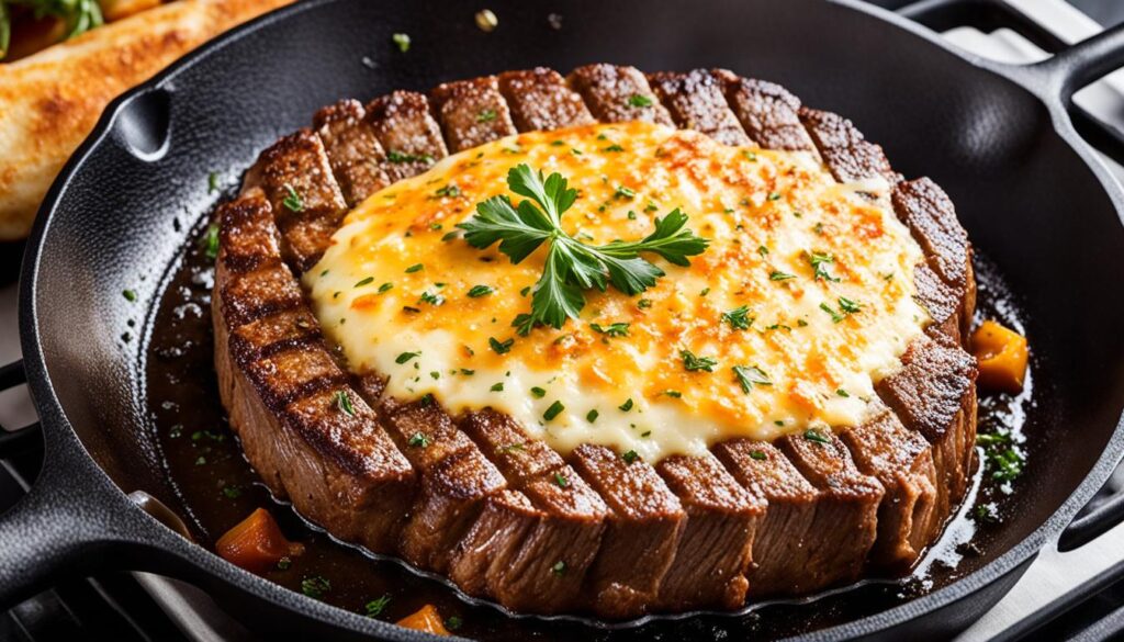 Low carb cube steak with Parmesan crust in cast iron skillet