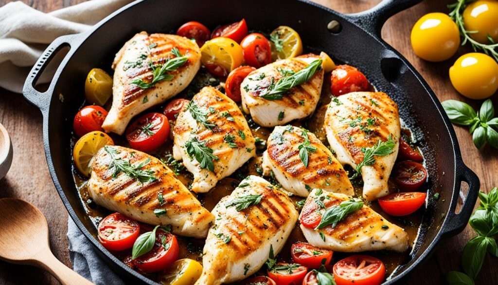 Mediterranean chicken in cast iron skillet