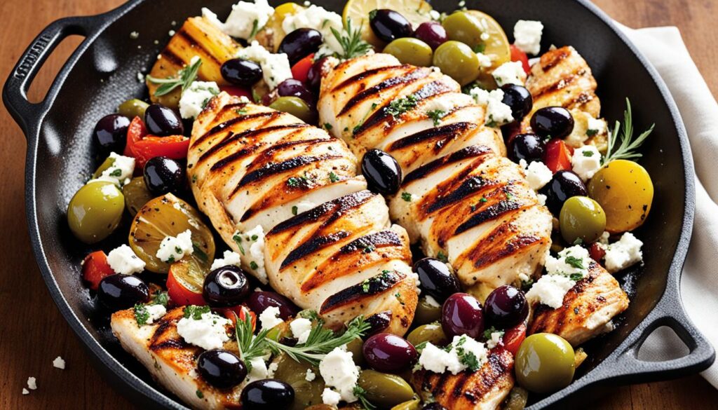 Mediterranean chicken with olive and feta toppings