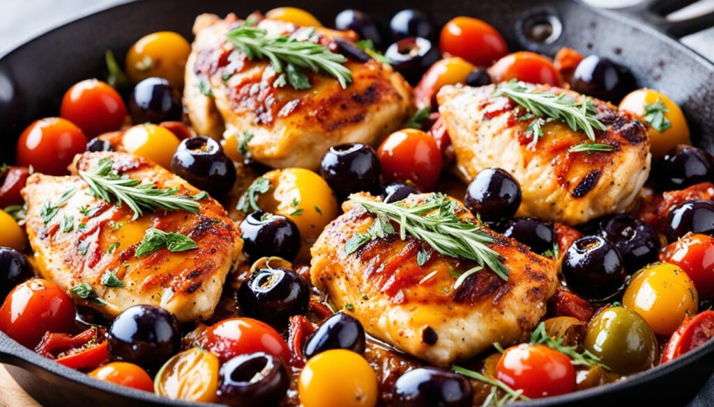 Mediterranean-inspired olive and tomato chicken in cast iron skillet