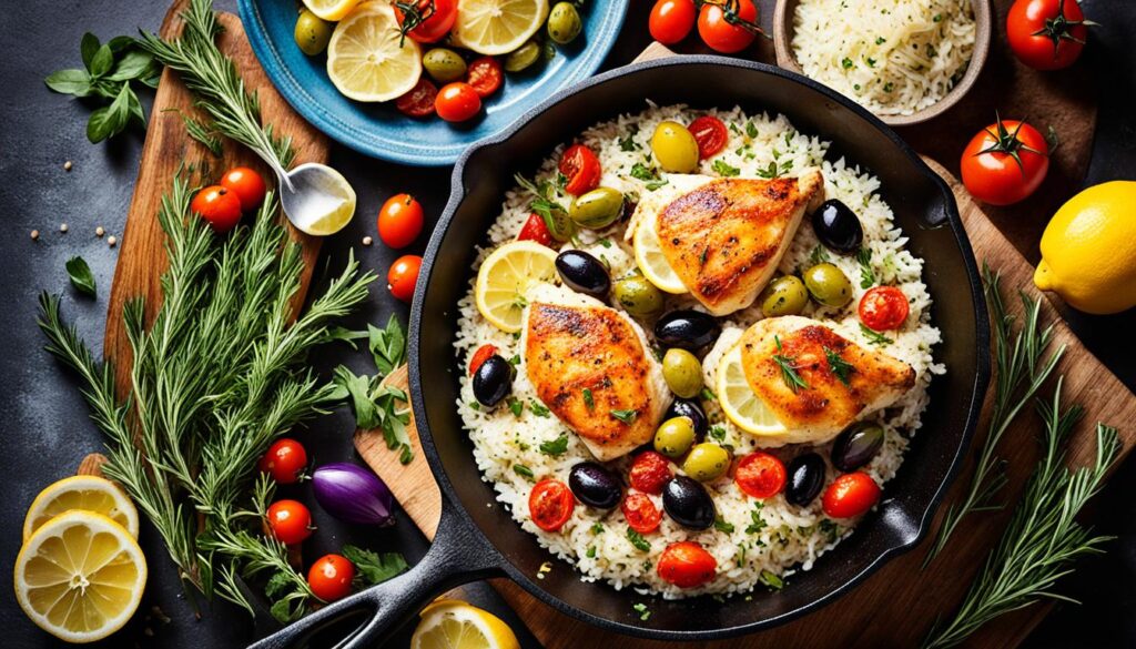 Mediterranean lemon chicken and rice skillet