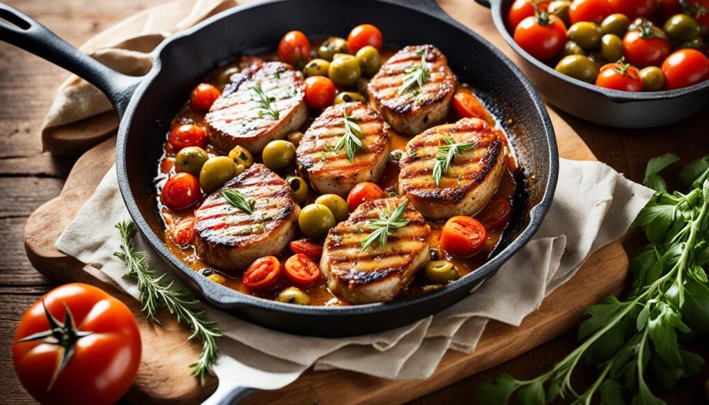 Mediterranean pork chops with olives and tomatoes