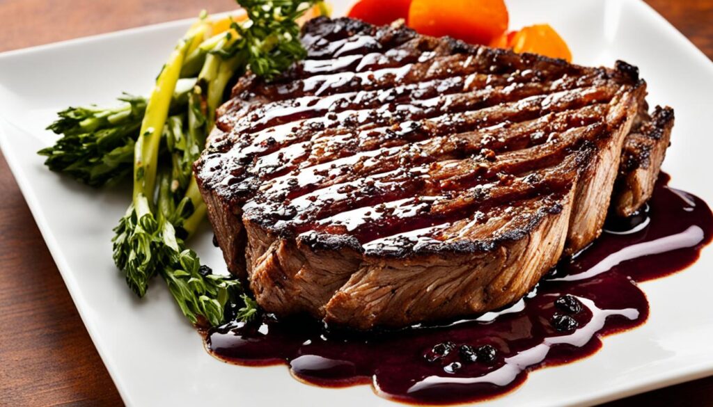 Pepper-crusted steak with red wine sauce