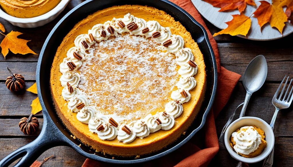 Pumpkin cheesecake in cast iron skillet