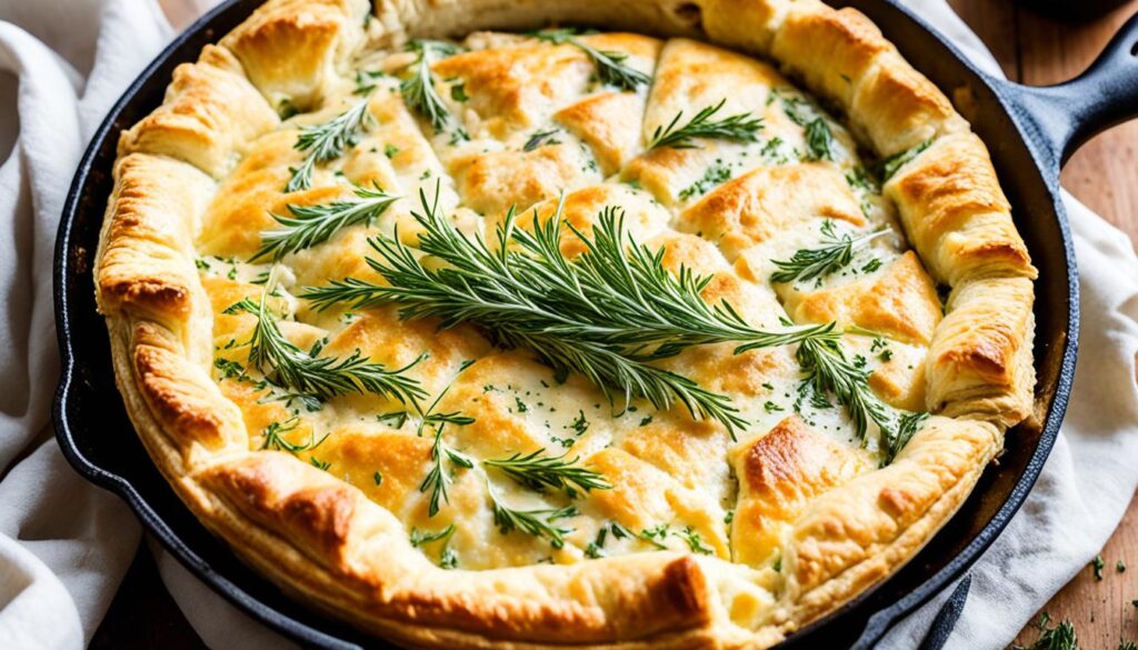 Skillet chicken pot pie with puff pastry crust