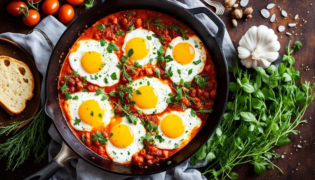 Skillet eggs in spicy tomato sauce