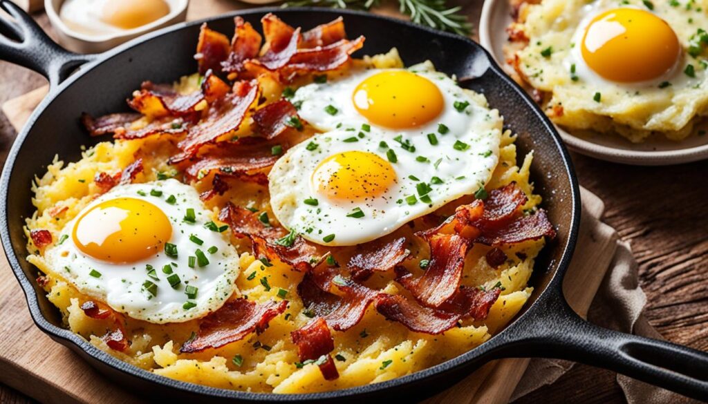 Skillet hash browns with bacon and eggs