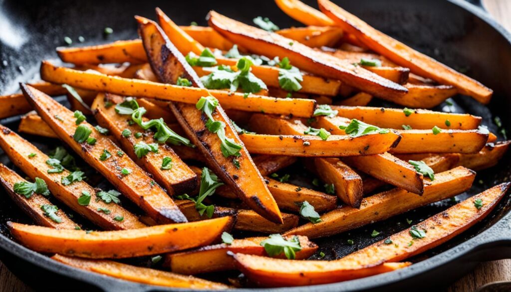 Spicy sweet potato fries in a cast iron skillet