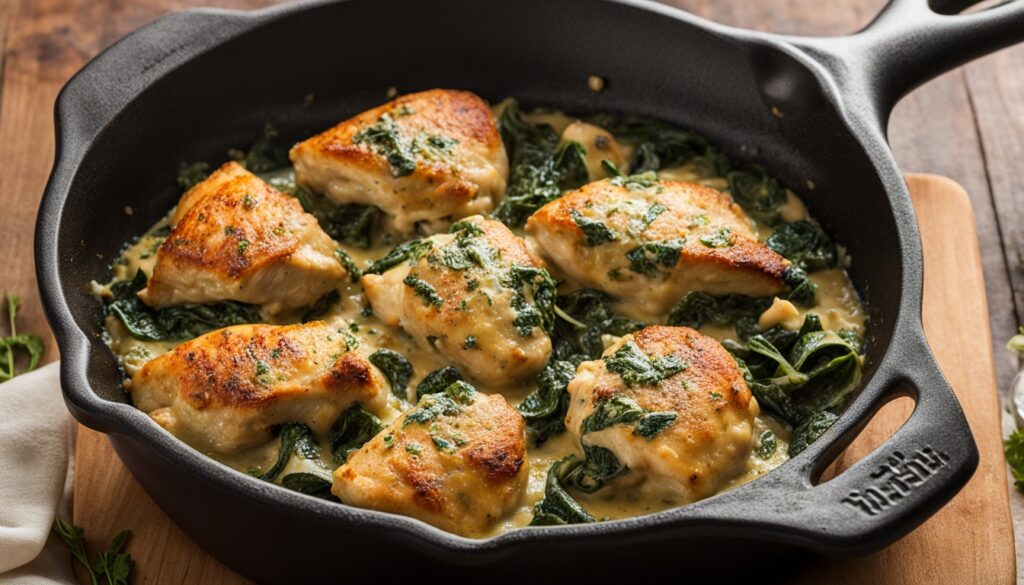 Spinach artichoke stuffed chicken thighs in cast iron skillet