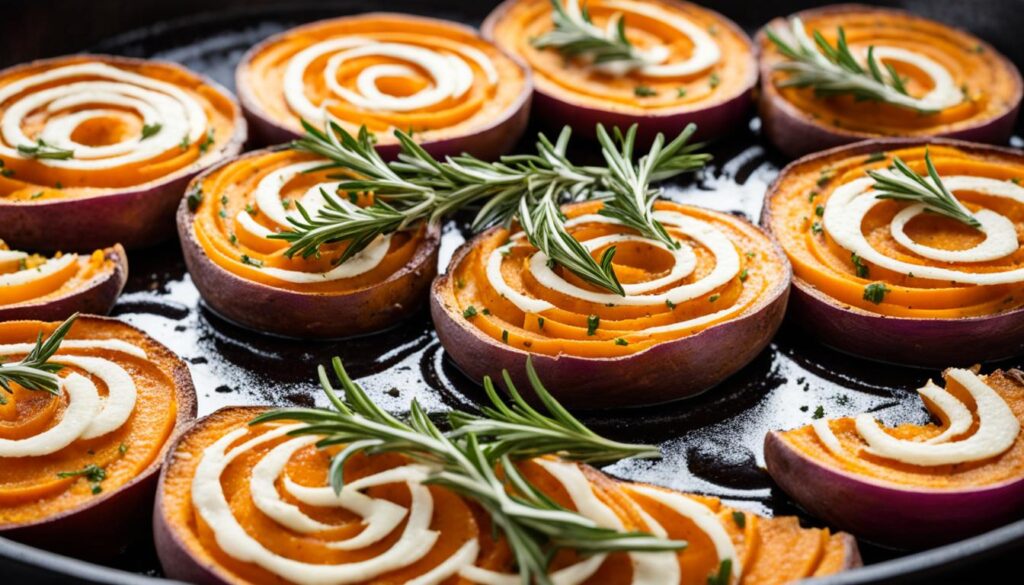 Spiral sweet potato bake in cast iron skillet