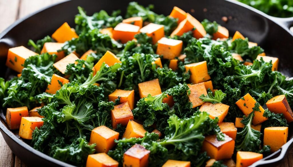 Sweet Potato and Kale Hash in cast iron skillet