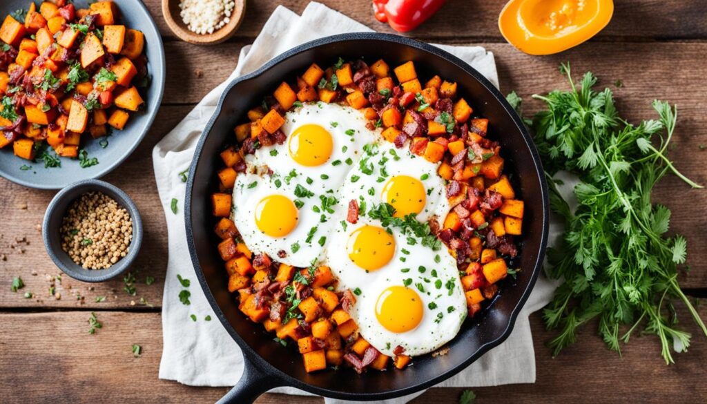 Sweet potato hash in cast iron skillet