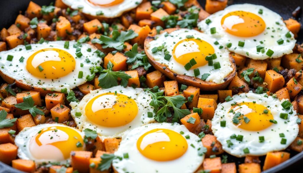 Sweet potato hash with eggs in cast iron skillet