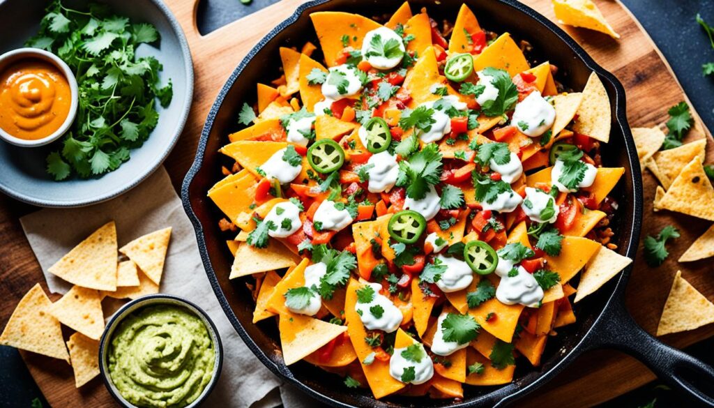 Sweet potato nachos in a cast iron skillet