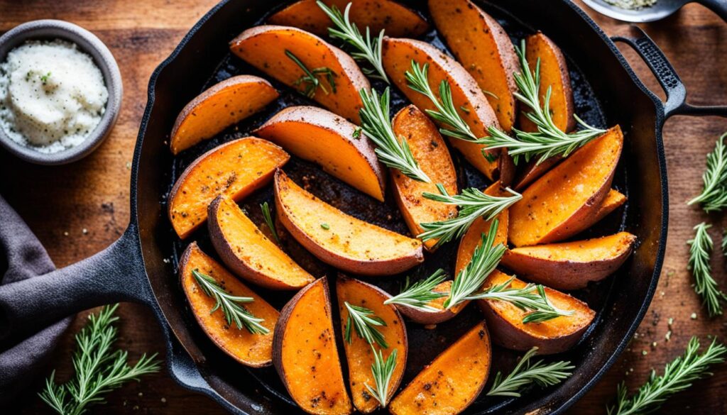 Sweet potatoes in cast iron skillet