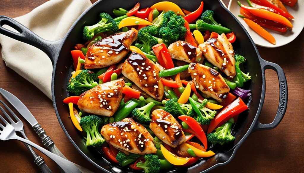 Teriyaki chicken stir-fry in cast iron skillet