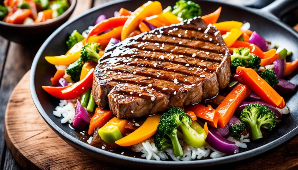 Teriyaki cube steak stir-fry in cast iron skillet