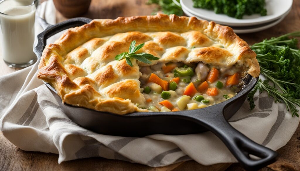 Vegetarian chicken pot pie in cast iron skillet