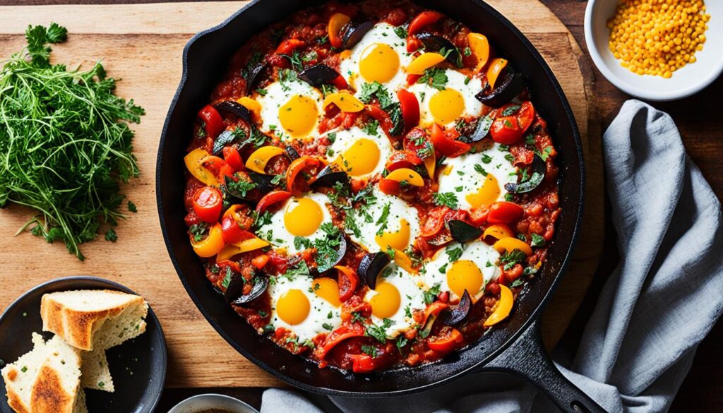 Vegetarian shakshuka in cast iron skillet