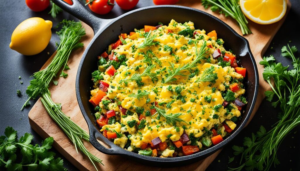 Vegetarian skillet egg scramble with fresh herbs