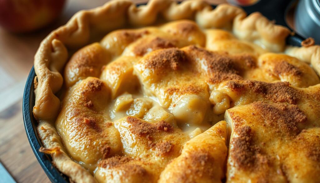 Apple cinnamon cream pie in cast iron skillet