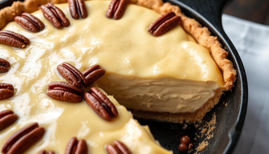 Maple pecan cream pie in cast iron skillet