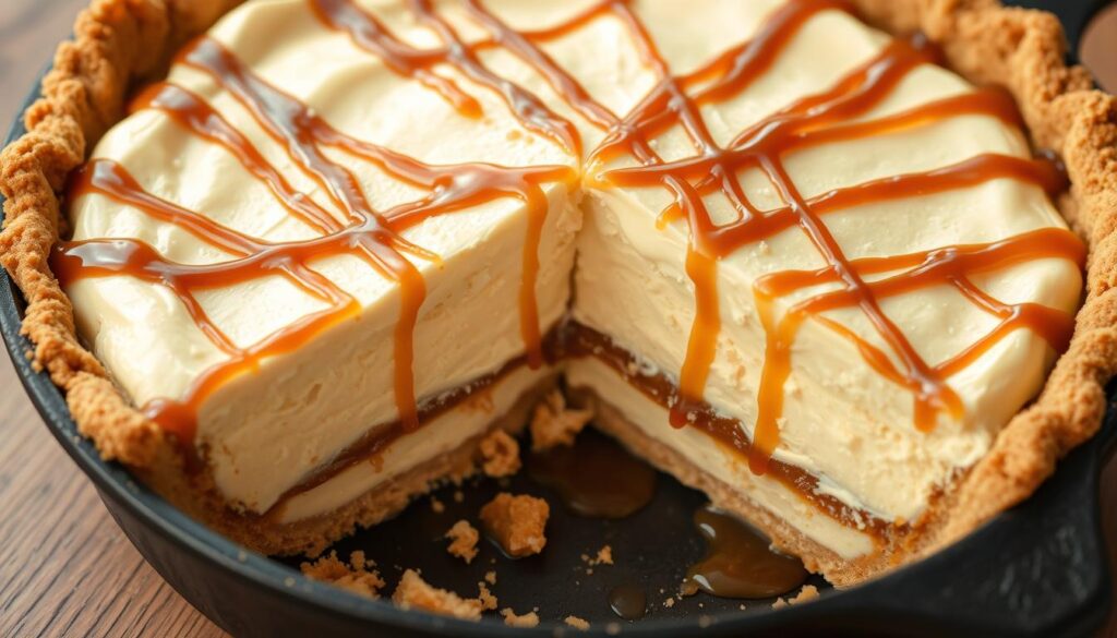 Salted caramel cream pie in cast iron skillet