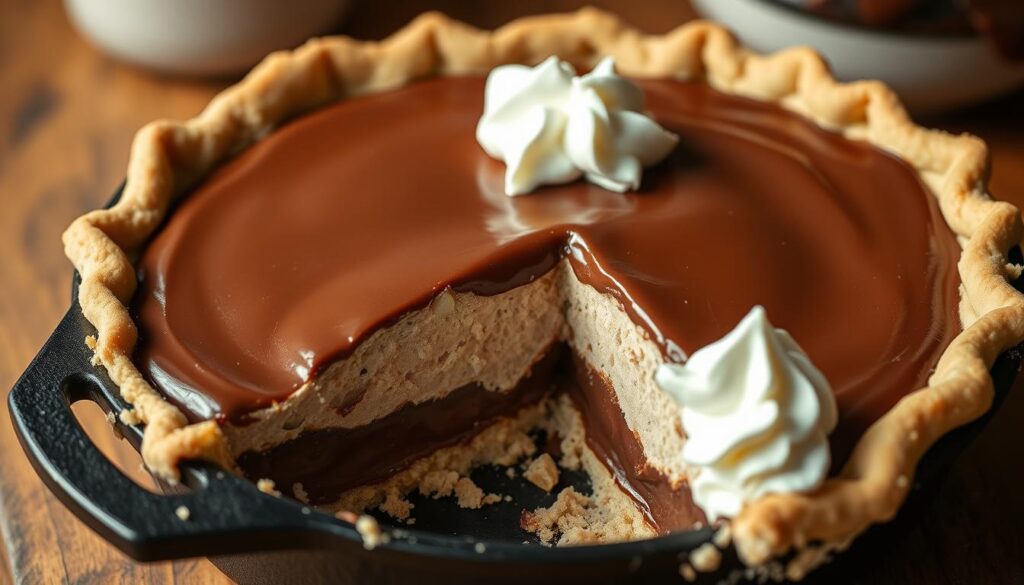 Southern chocolate pie in cast iron skillet