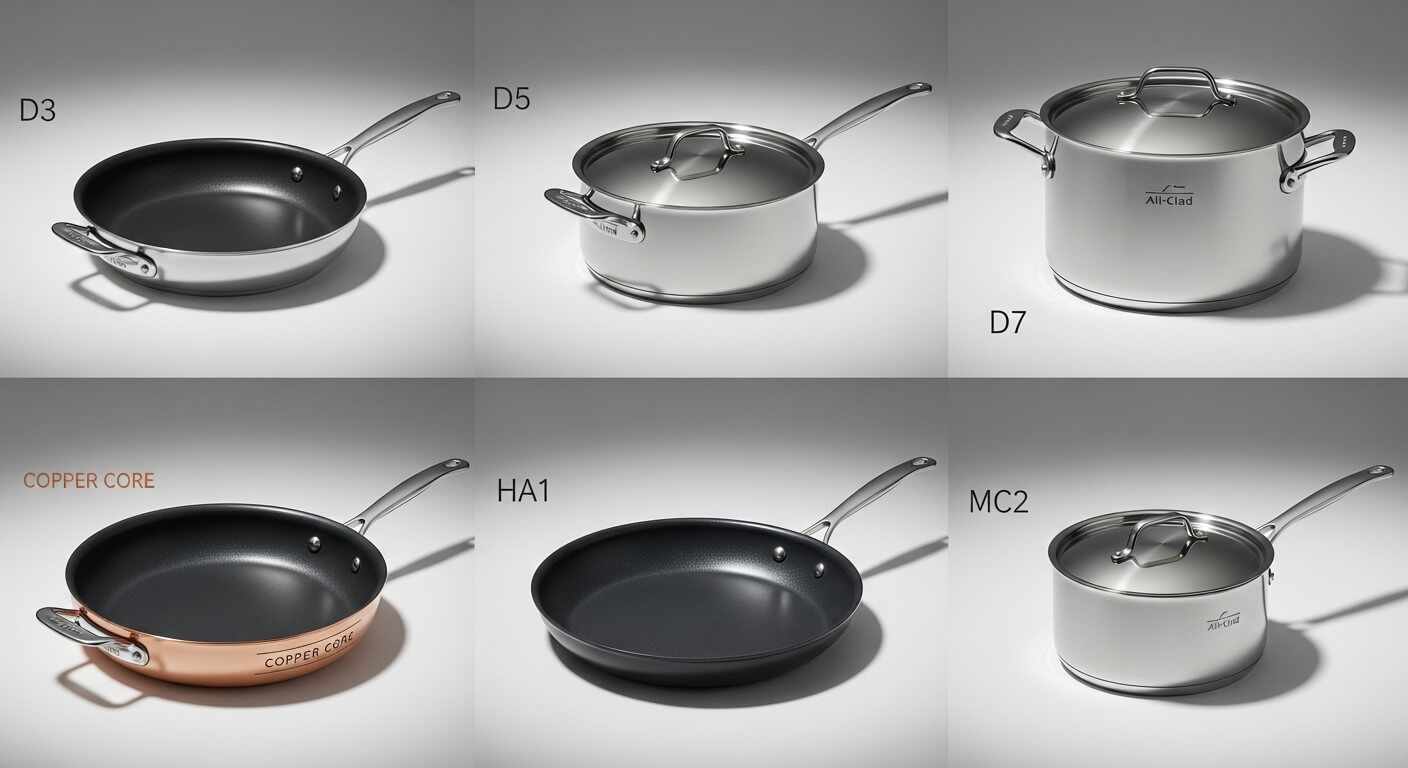 All Clad D3 vs D5 vs D7 vs Copper Core vs HA1 vs MC2 Cookware Set Comparison Chart