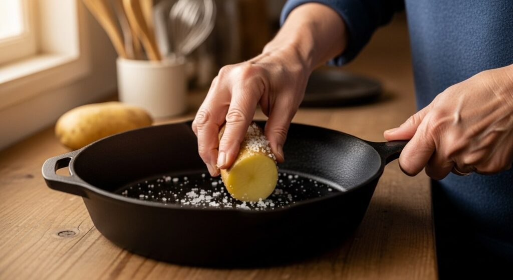 The Salt and Potato Method: A Senior's Arthritis-Safe Way to Clean a Cast Iron Skillet The Salt and Potato Method: A Senior's Arthritis-Safe Way to Clean a Cast Iron Skillet